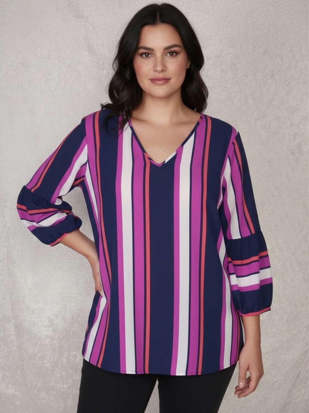 Massini Top Striped Purple, Blue, Coral  V-Neck Cutout Back 3/4 Puffy Sleeve XL